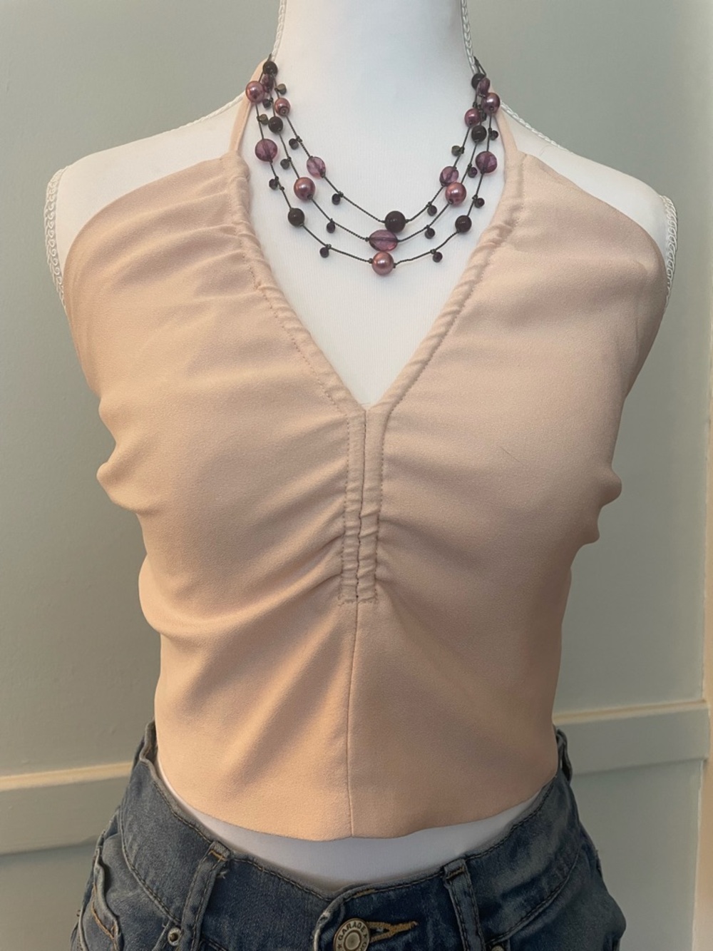 Kendall & Kylie Ruched V-Neck Halter Crop Top — Blush